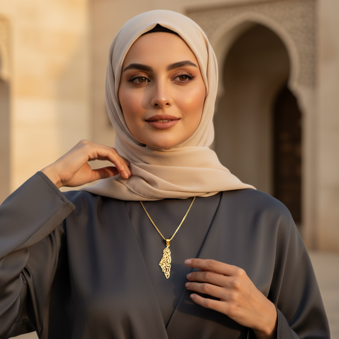 Collier en émail avec carte calligraphiée de Palestine Qamar